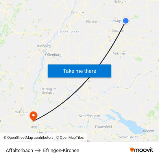 Affalterbach to Efringen-Kirchen map