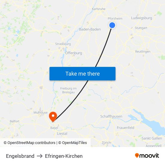 Engelsbrand to Efringen-Kirchen map