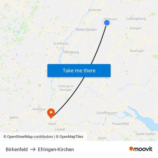 Birkenfeld to Efringen-Kirchen map