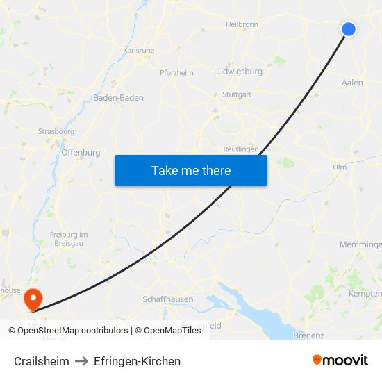 Crailsheim to Efringen-Kirchen map