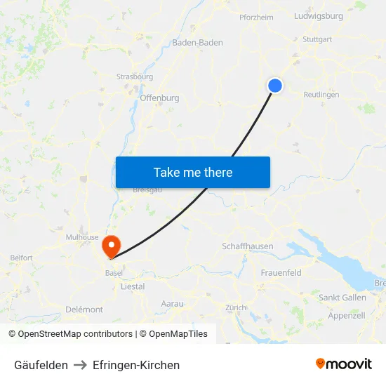 Gäufelden to Efringen-Kirchen map