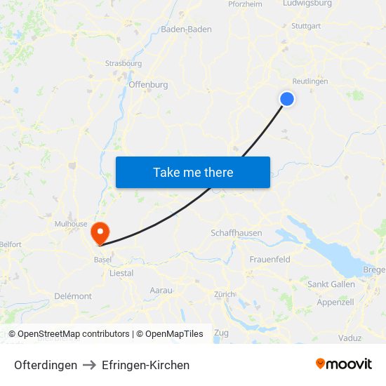 Ofterdingen to Efringen-Kirchen map