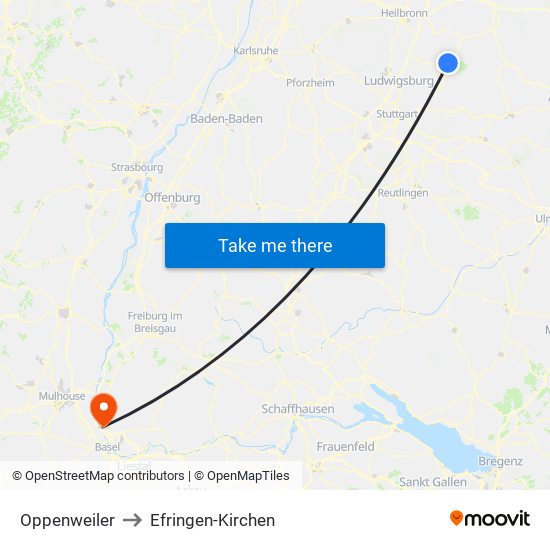 Oppenweiler to Efringen-Kirchen map