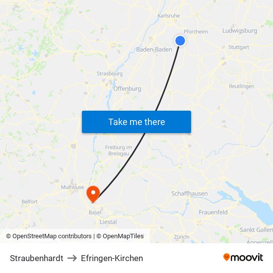 Straubenhardt to Efringen-Kirchen map