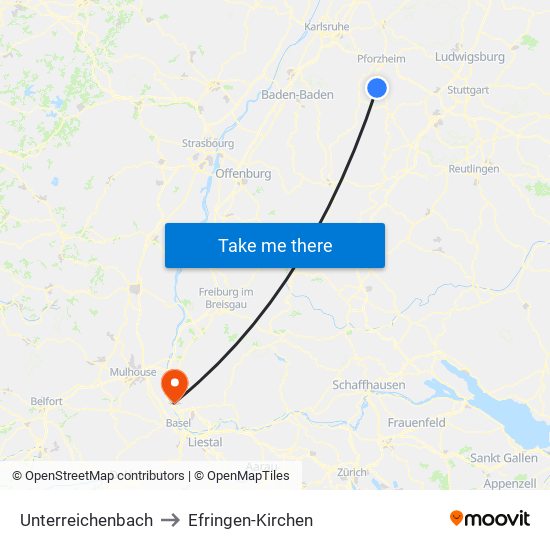 Unterreichenbach to Efringen-Kirchen map