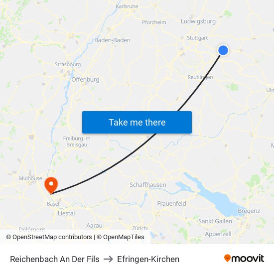 Reichenbach An Der Fils to Efringen-Kirchen map