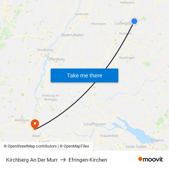 Kirchberg An Der Murr to Efringen-Kirchen map