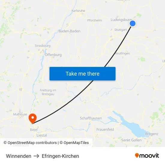Winnenden to Efringen-Kirchen map