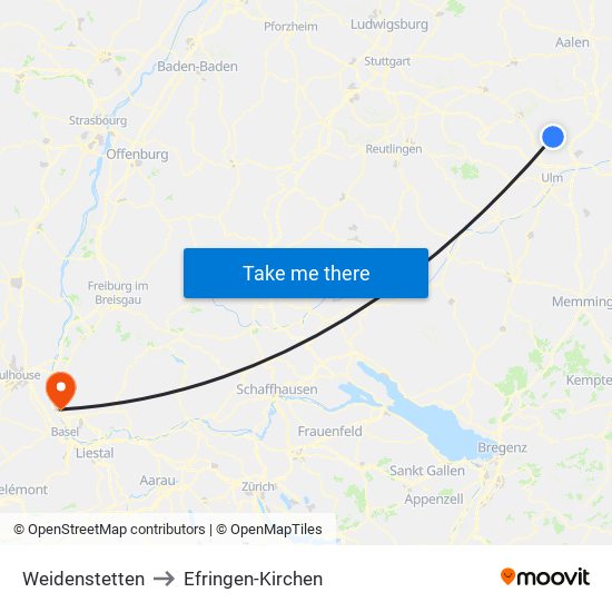 Weidenstetten to Efringen-Kirchen map