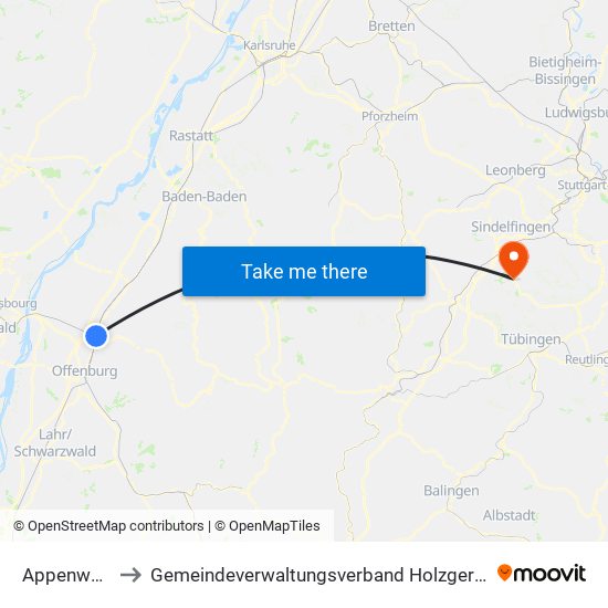 Appenweier to Gemeindeverwaltungsverband Holzgerlingen map