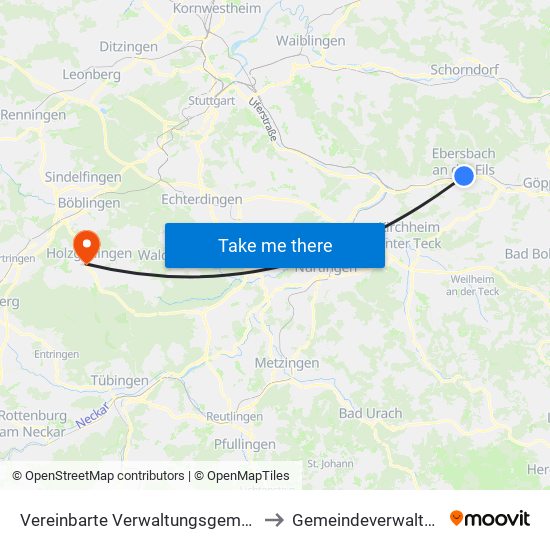 Vereinbarte Verwaltungsgemeinschaft Der Stadt Ebersbach An Der Fils to Gemeindeverwaltungsverband Holzgerlingen map