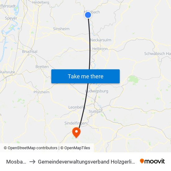 Mosbach to Gemeindeverwaltungsverband Holzgerlingen map