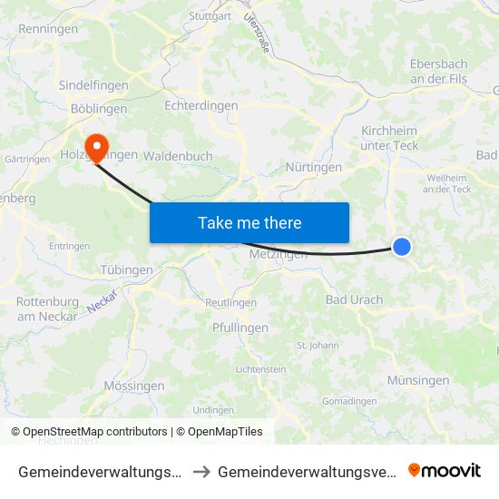 Gemeindeverwaltungsverband Lenningen to Gemeindeverwaltungsverband Holzgerlingen map