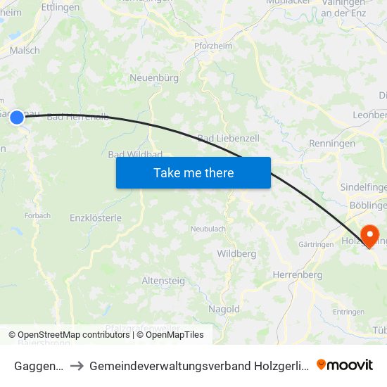 Gaggenau to Gemeindeverwaltungsverband Holzgerlingen map