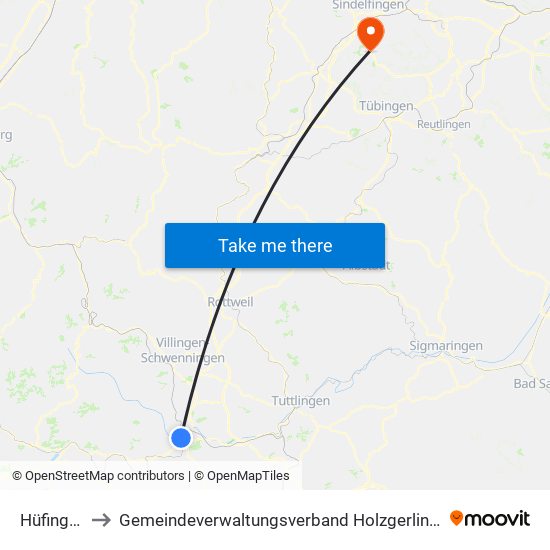 Hüfingen to Gemeindeverwaltungsverband Holzgerlingen map