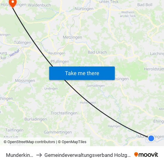 Munderkingen to Gemeindeverwaltungsverband Holzgerlingen map