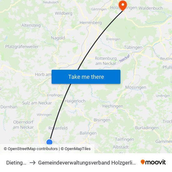 Dietingen to Gemeindeverwaltungsverband Holzgerlingen map