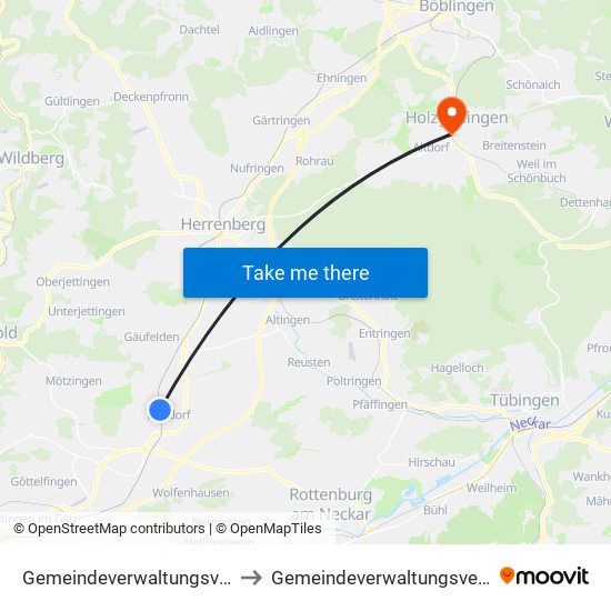 Gemeindeverwaltungsverband Oberes Gäu to Gemeindeverwaltungsverband Holzgerlingen map