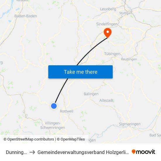 Dunningen to Gemeindeverwaltungsverband Holzgerlingen map