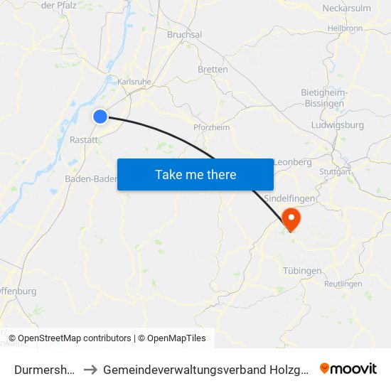 Durmersheim to Gemeindeverwaltungsverband Holzgerlingen map