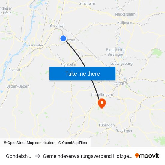 Gondelsheim to Gemeindeverwaltungsverband Holzgerlingen map