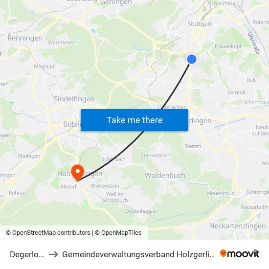 Degerloch to Gemeindeverwaltungsverband Holzgerlingen map