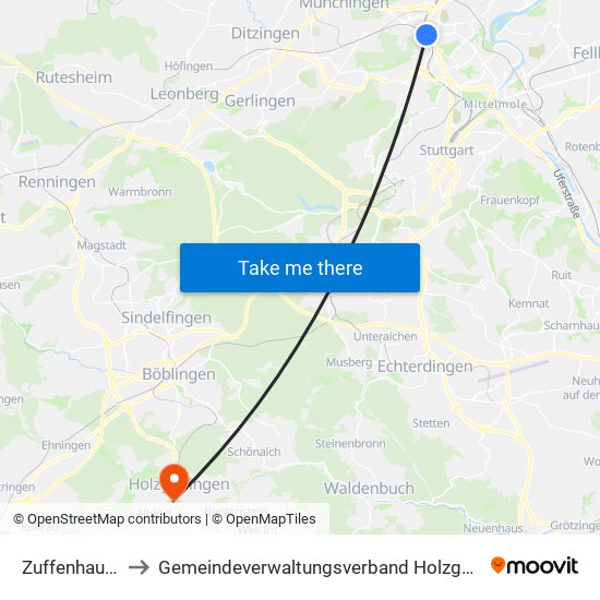 Zuffenhausen to Gemeindeverwaltungsverband Holzgerlingen map