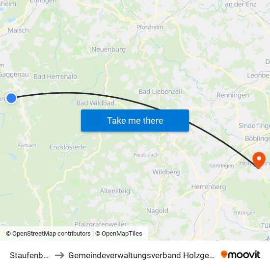Staufenberg to Gemeindeverwaltungsverband Holzgerlingen map