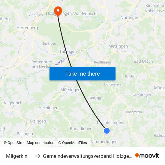 Mägerkingen to Gemeindeverwaltungsverband Holzgerlingen map