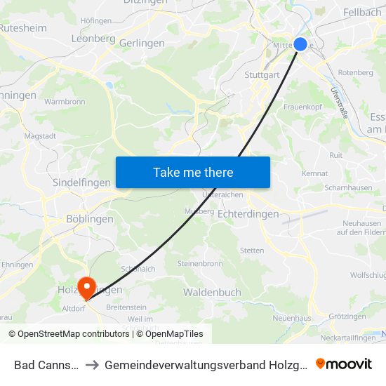 Bad Cannstatt to Gemeindeverwaltungsverband Holzgerlingen map