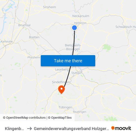 Klingenberg to Gemeindeverwaltungsverband Holzgerlingen map