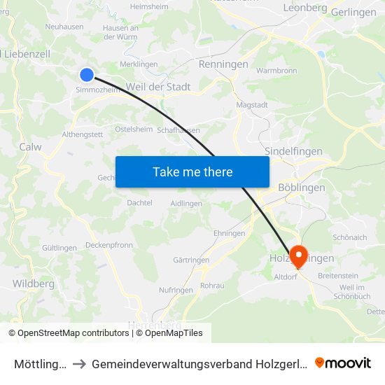 Möttlingen to Gemeindeverwaltungsverband Holzgerlingen map