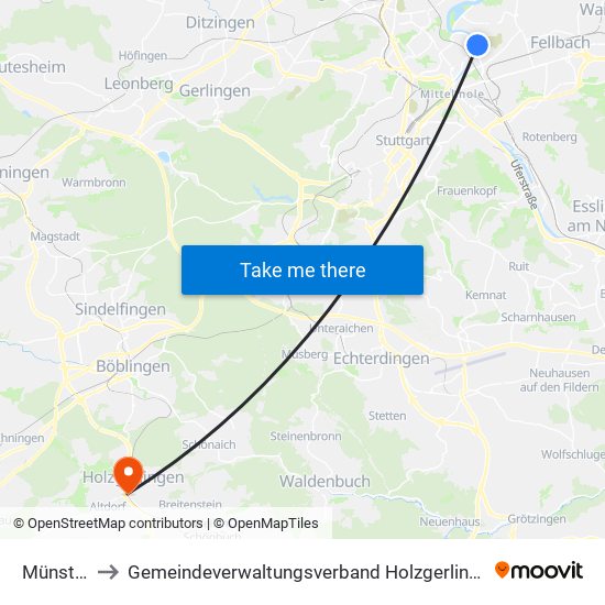 Münster to Gemeindeverwaltungsverband Holzgerlingen map