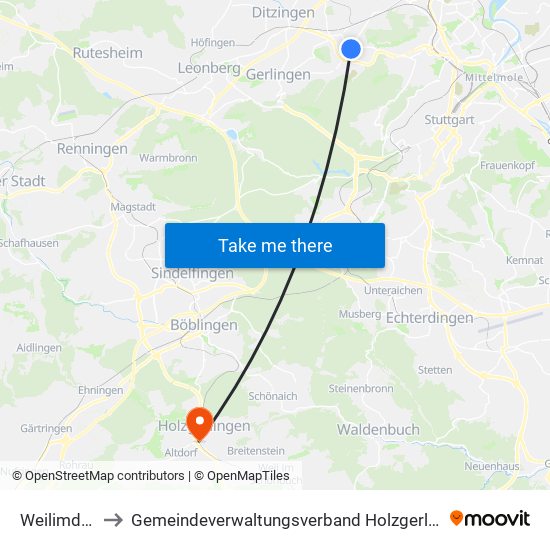 Weilimdorf to Gemeindeverwaltungsverband Holzgerlingen map