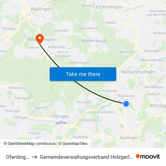 Oferdingen to Gemeindeverwaltungsverband Holzgerlingen map