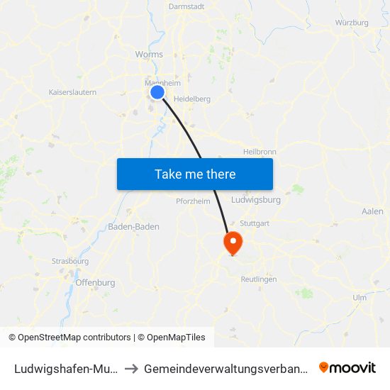 Ludwigshafen-Mundenheim to Gemeindeverwaltungsverband Holzgerlingen map