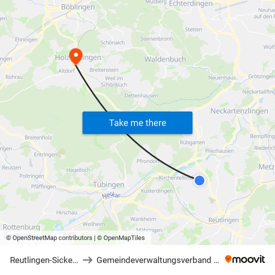 Reutlingen-Sickenhausen to Gemeindeverwaltungsverband Holzgerlingen map