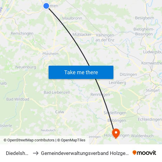 Diedelsheim to Gemeindeverwaltungsverband Holzgerlingen map