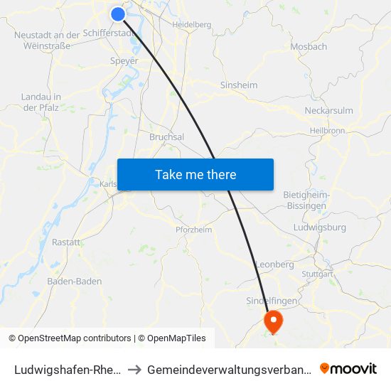 Ludwigshafen-Rheingönheim to Gemeindeverwaltungsverband Holzgerlingen map