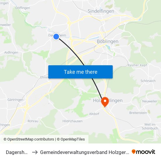 Dagersheim to Gemeindeverwaltungsverband Holzgerlingen map