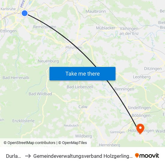 Durlach to Gemeindeverwaltungsverband Holzgerlingen map