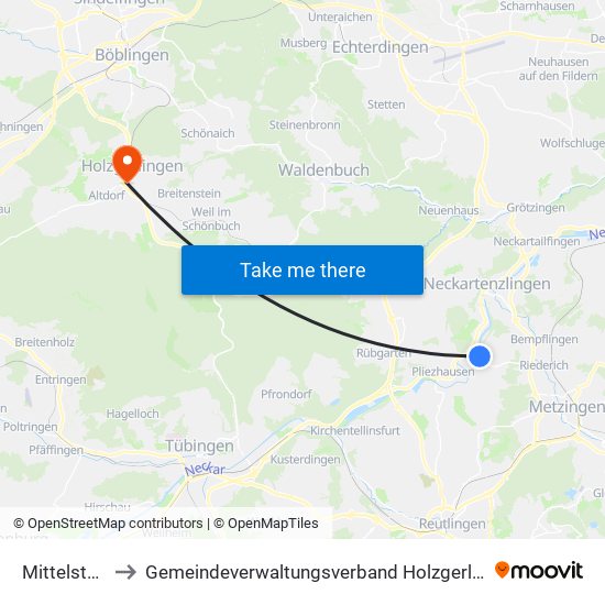 Mittelstadt to Gemeindeverwaltungsverband Holzgerlingen map