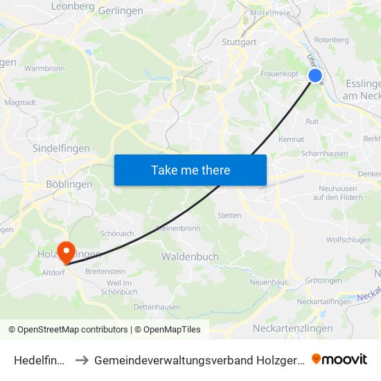 Hedelfingen to Gemeindeverwaltungsverband Holzgerlingen map