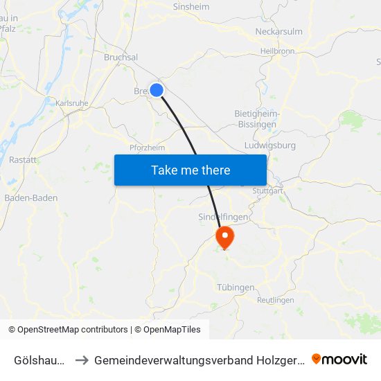 Gölshausen to Gemeindeverwaltungsverband Holzgerlingen map