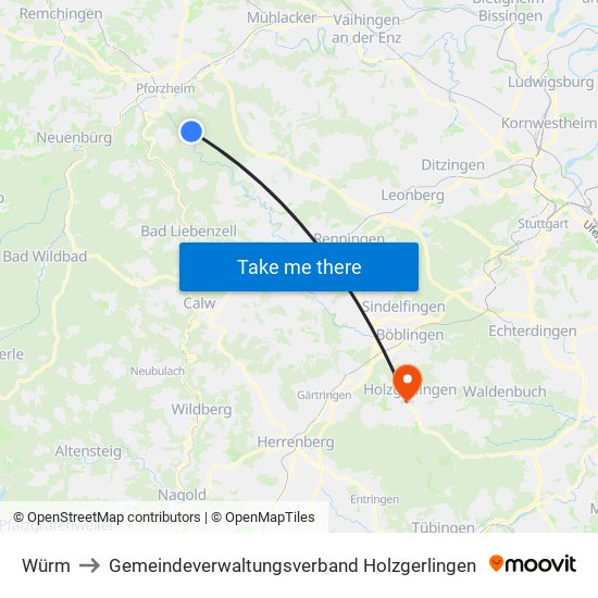 Würm to Gemeindeverwaltungsverband Holzgerlingen map