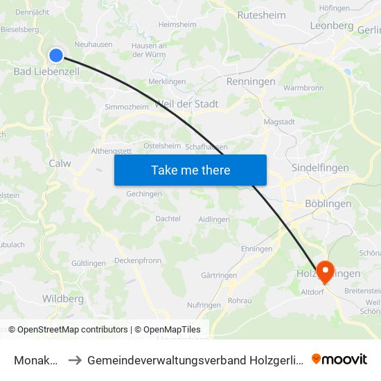 Monakam to Gemeindeverwaltungsverband Holzgerlingen map