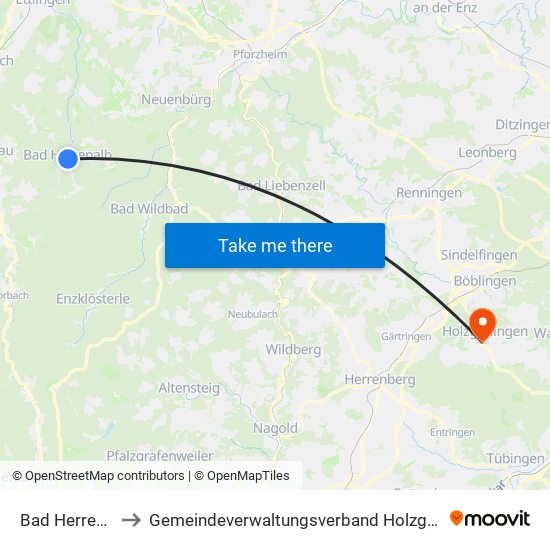 Bad Herrenalb to Gemeindeverwaltungsverband Holzgerlingen map