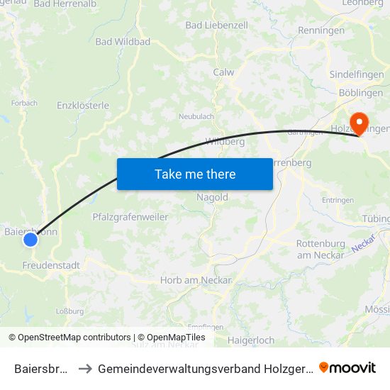 Baiersbronn to Gemeindeverwaltungsverband Holzgerlingen map