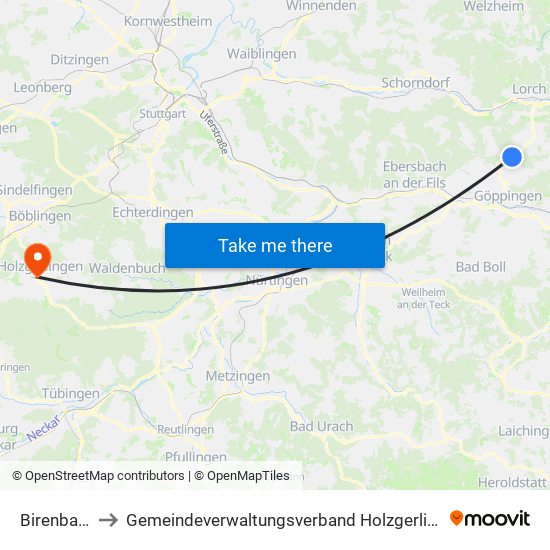 Birenbach to Gemeindeverwaltungsverband Holzgerlingen map