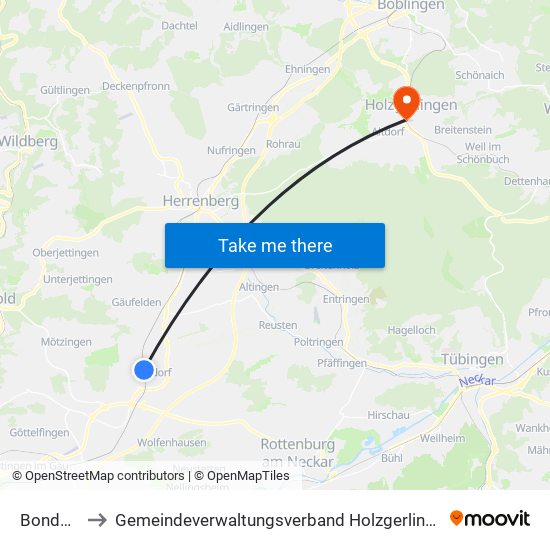 Bondorf to Gemeindeverwaltungsverband Holzgerlingen map